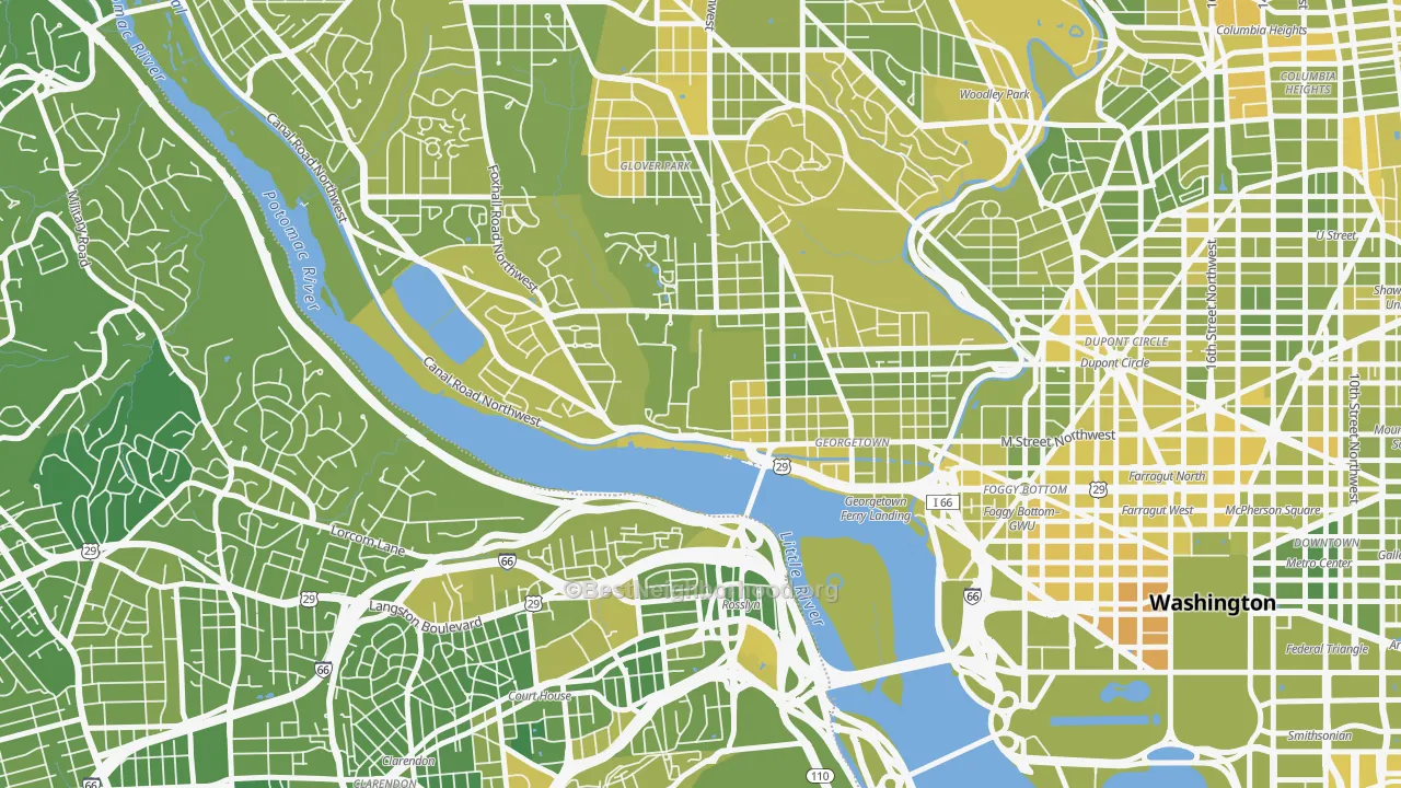 Map of the best neighborhoods in the 20057 area, with better matches in green and worse matches in red