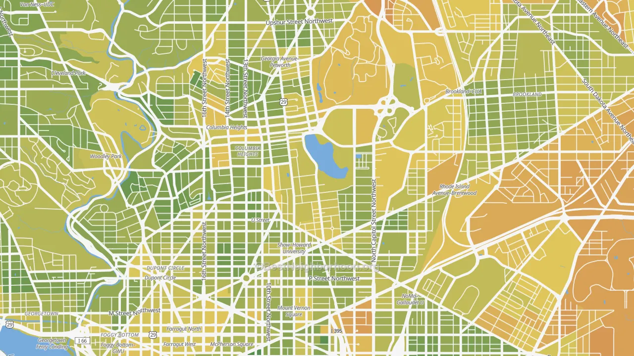Map of the best neighborhoods in the 20059 area, with better matches in green and worse matches in red