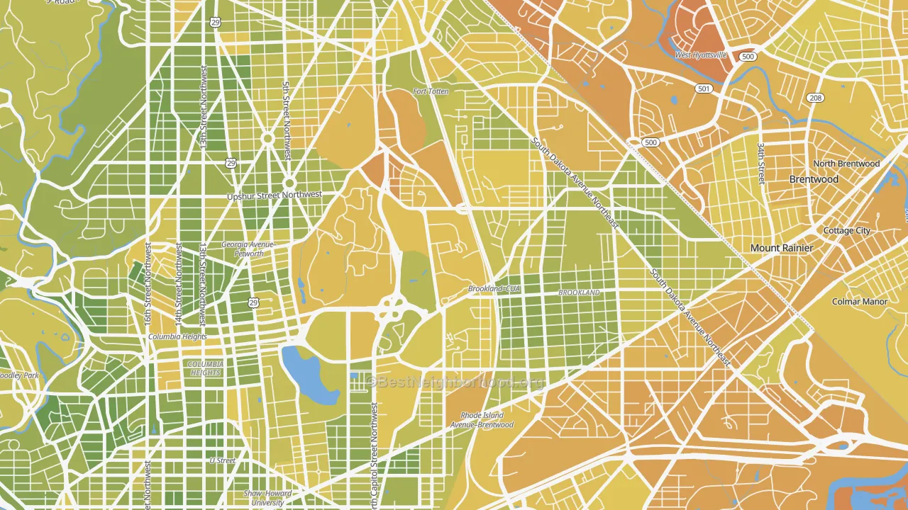 Map of the best neighborhoods in the 20064 area, with better matches in green and worse matches in red