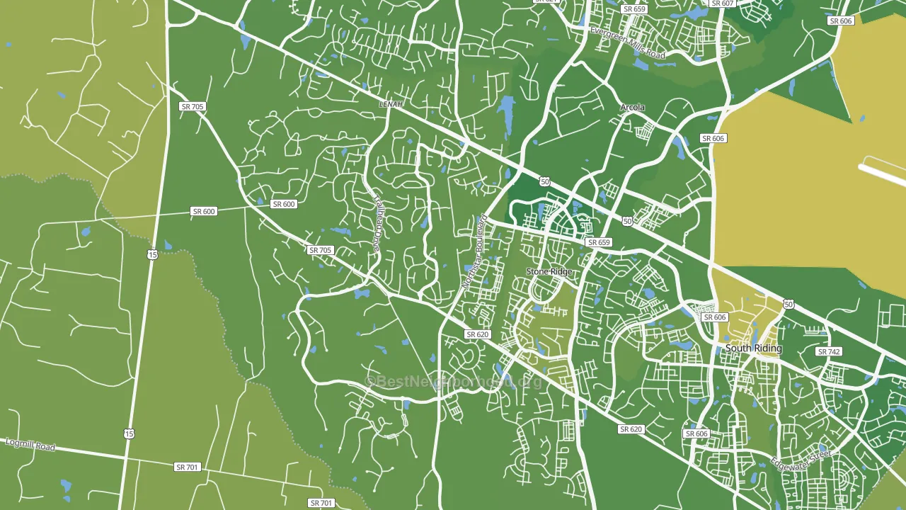 Map of the best neighborhoods in the 20105 area, with better matches in green and worse matches in red