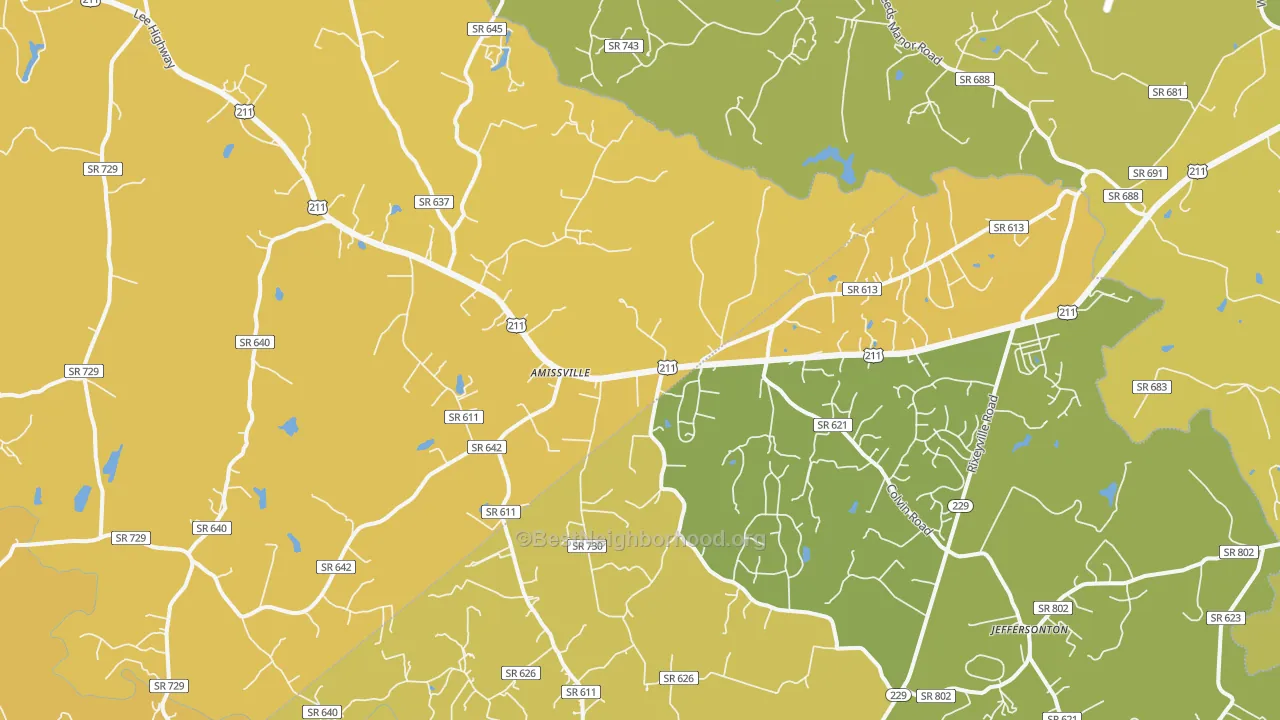 Map of the best neighborhoods in the 20106 area, with better matches in green and worse matches in red