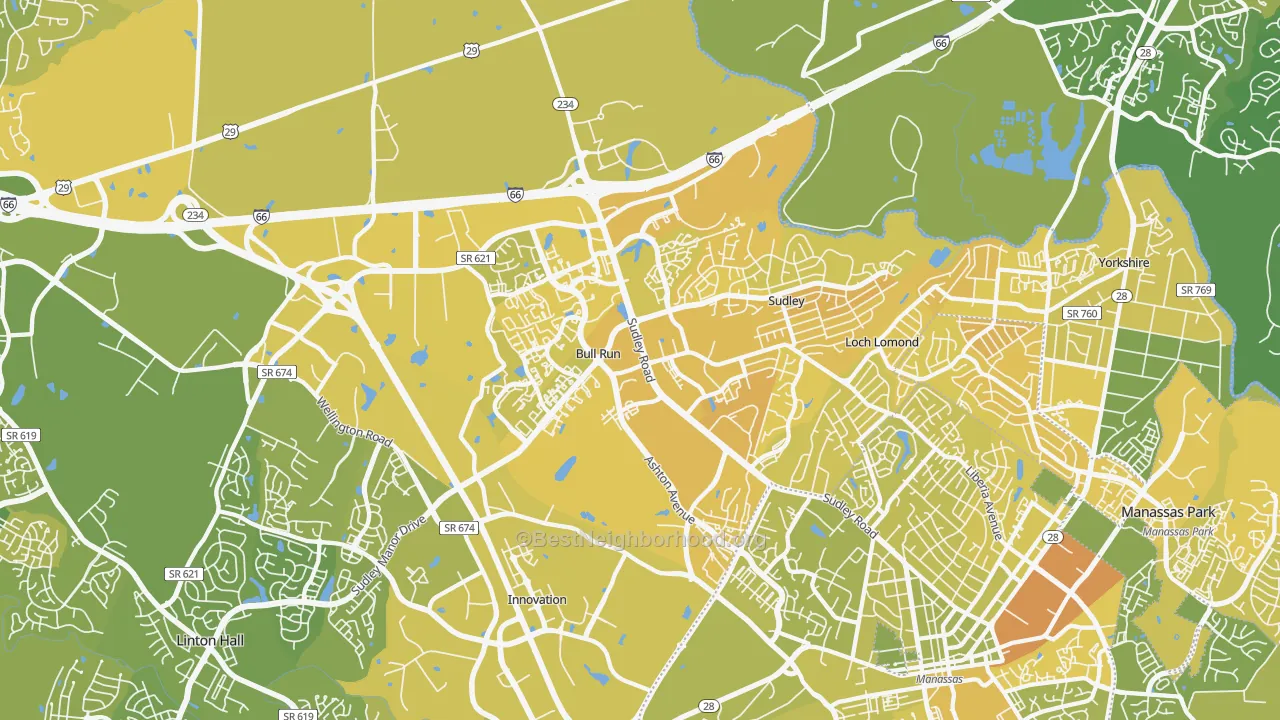 Map of the best neighborhoods in the 20109 area, with better matches in green and worse matches in red