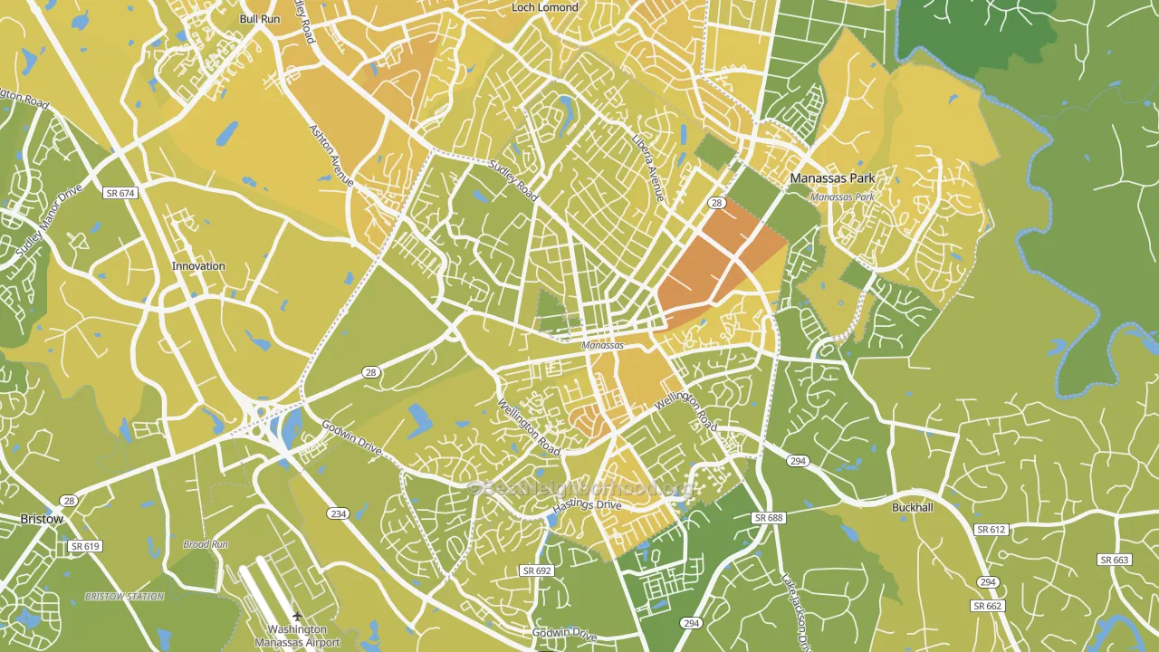 Map of the best neighborhoods in the 20110 area, with better matches in green and worse matches in red