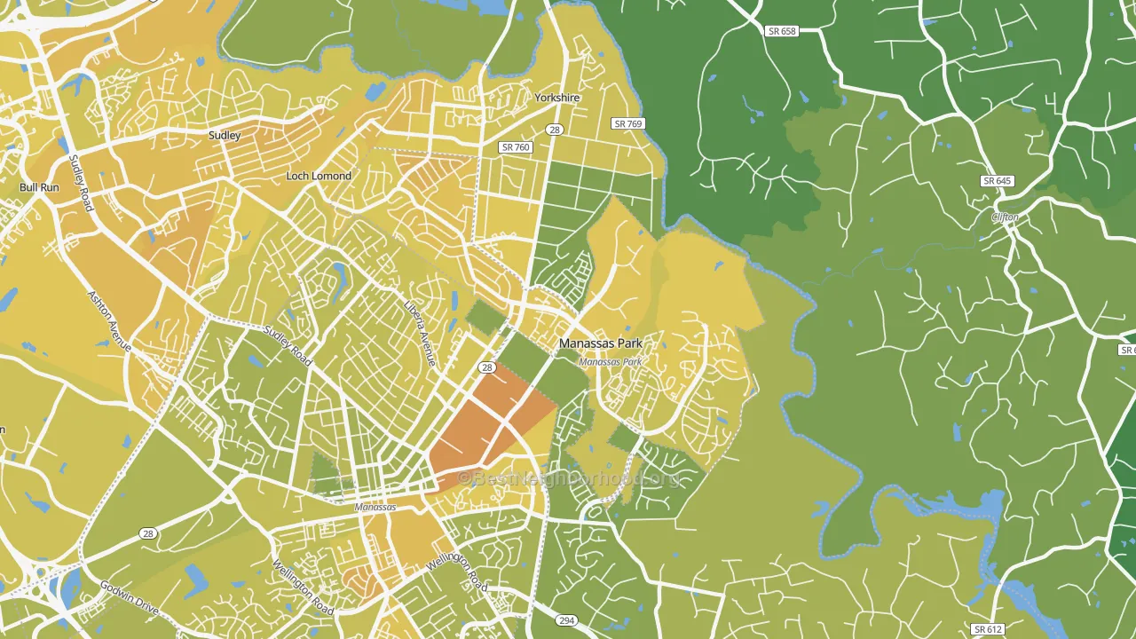 Map of the best neighborhoods in the 20111 area, with better matches in green and worse matches in red