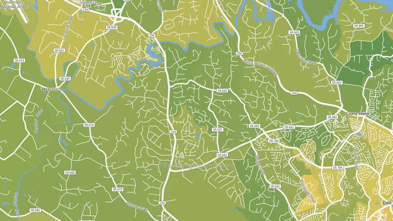 Map of the best neighborhoods in the 20112 area, with better matches in green and worse matches in red