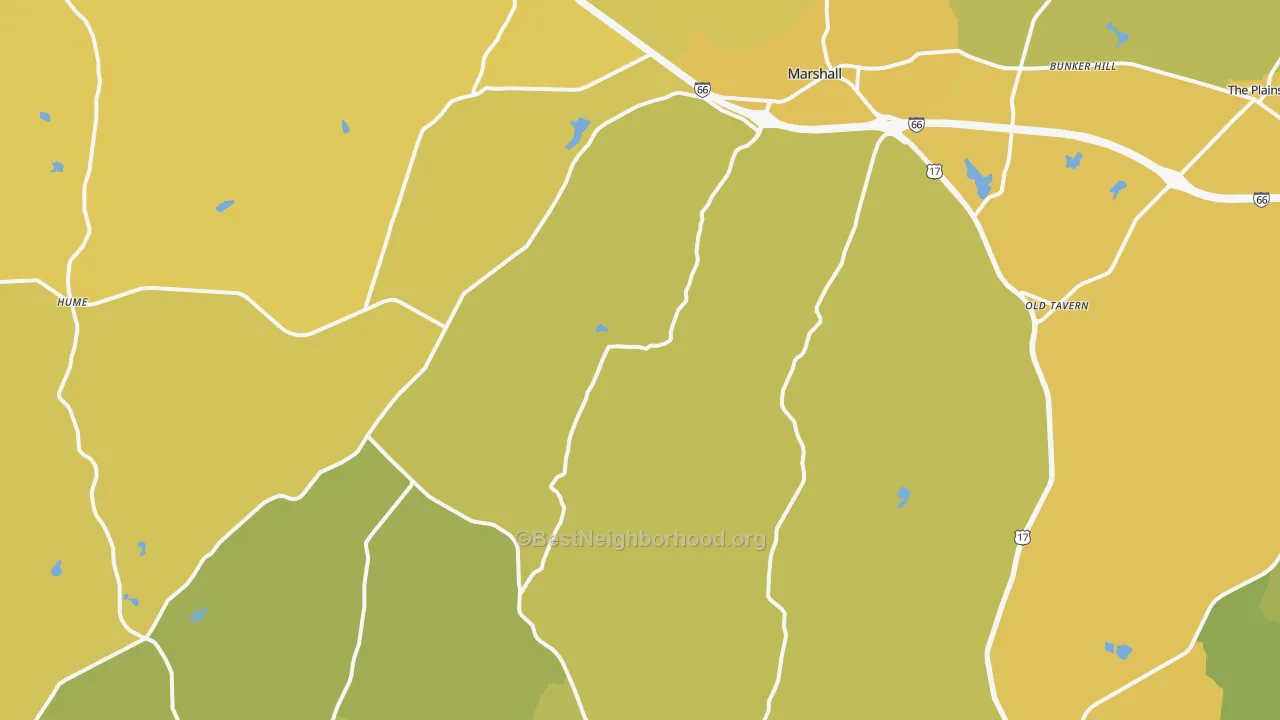 Map of the best neighborhoods in the 20115 area, with better matches in green and worse matches in red