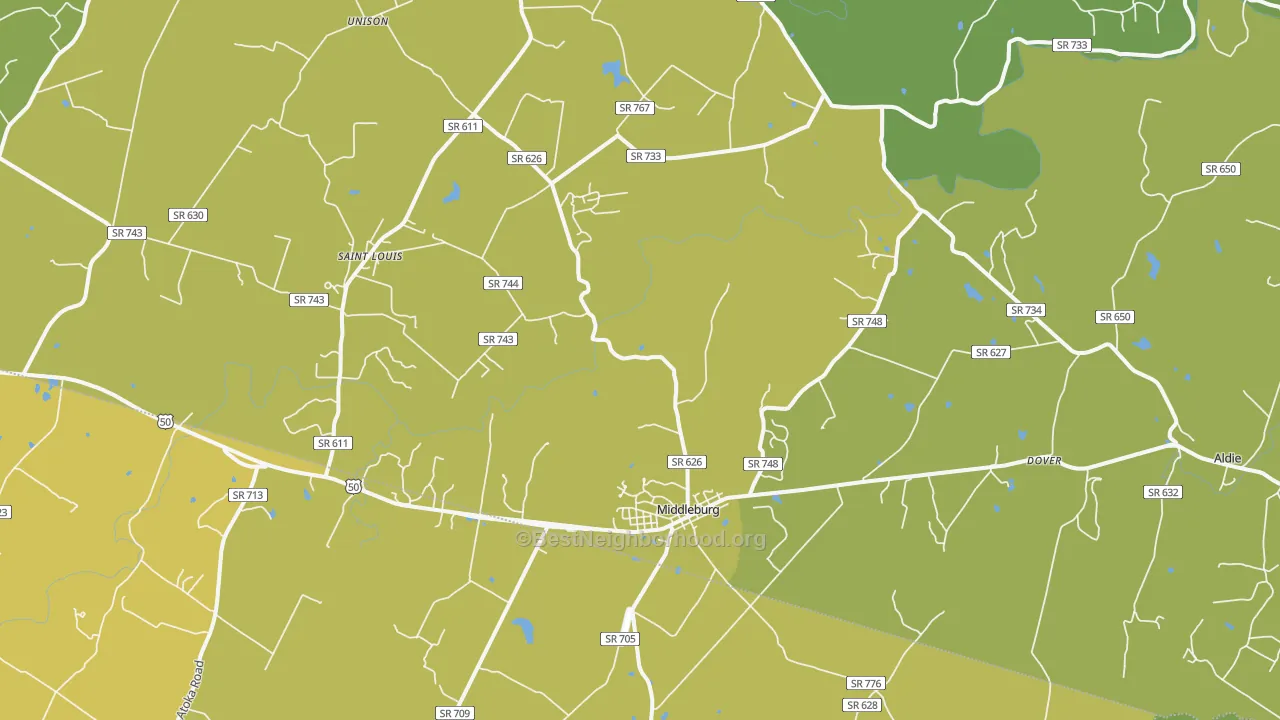 Map of the best neighborhoods in the 20117 area, with better matches in green and worse matches in red