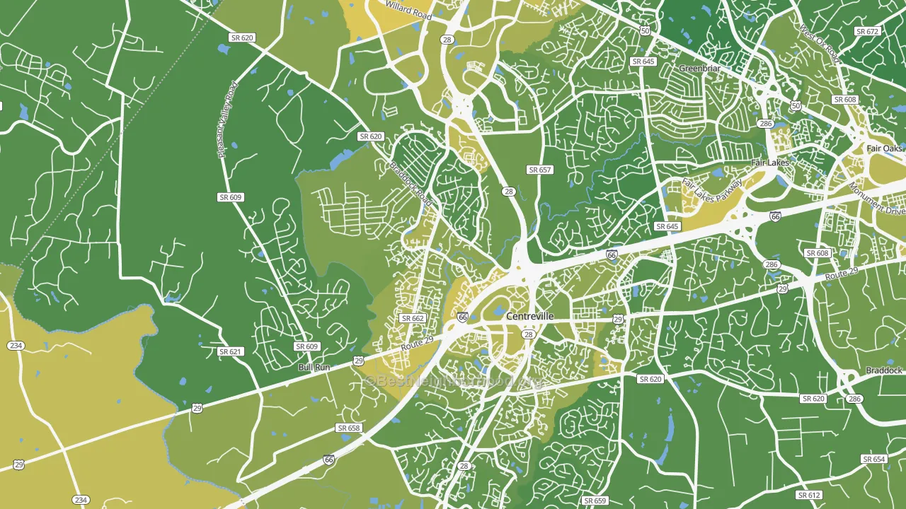 Map of the best neighborhoods in the 20120 area, with better matches in green and worse matches in red