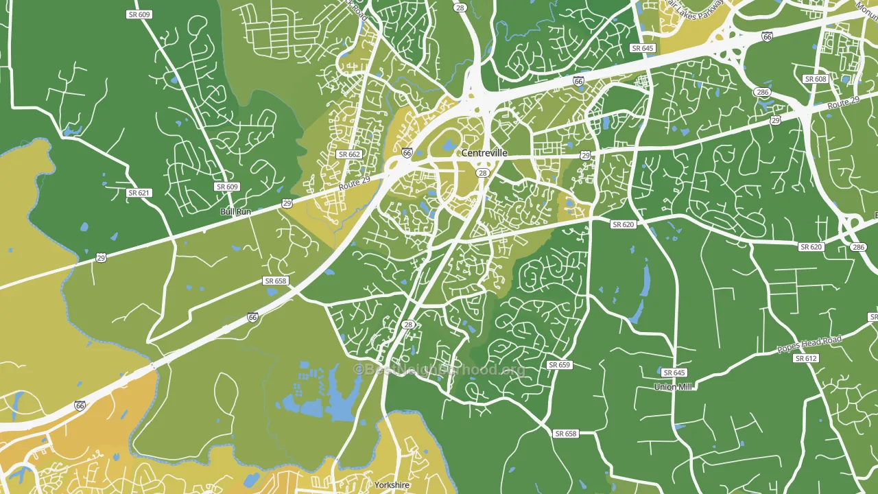 Map of the best neighborhoods in the 20121 area, with better matches in green and worse matches in red