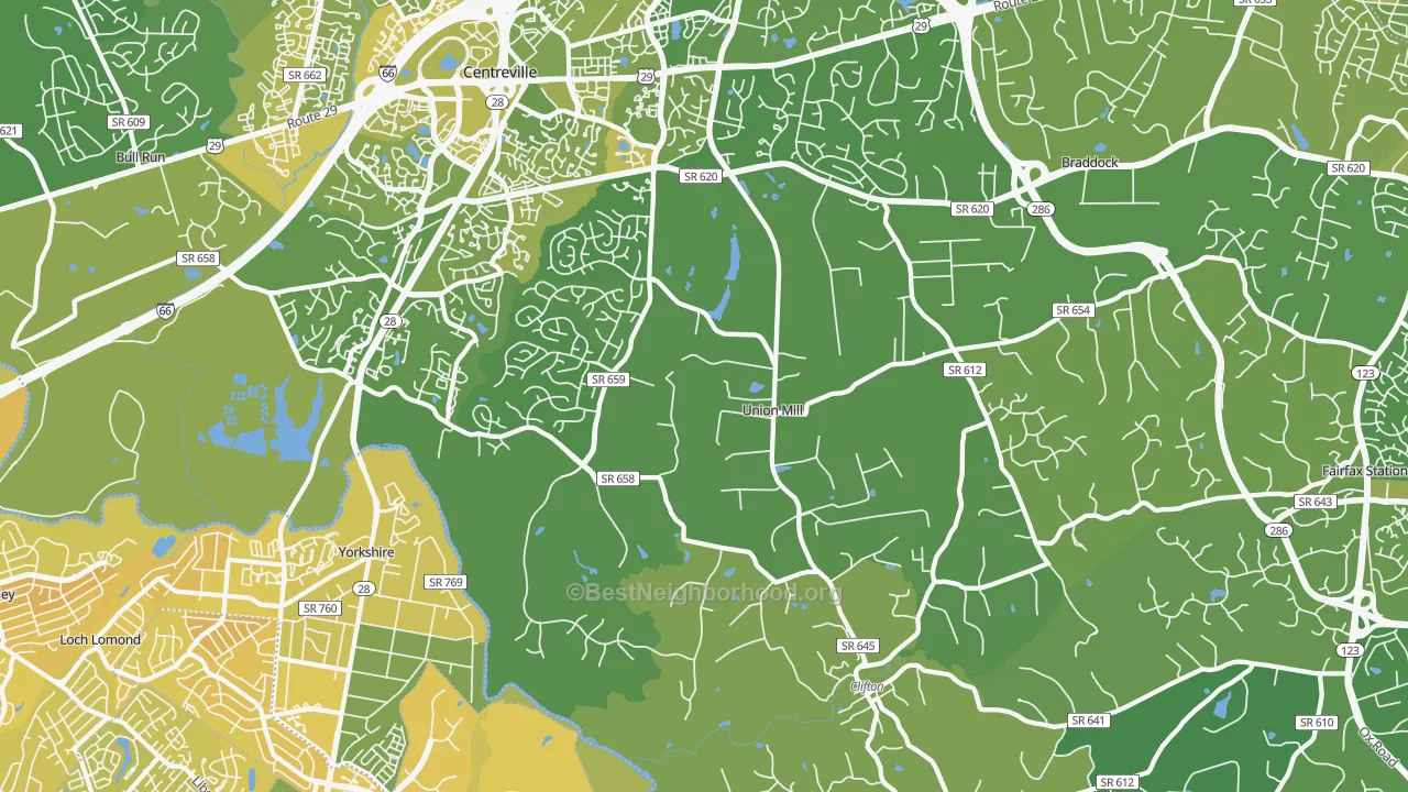 Map of the best neighborhoods in the 20124 area, with better matches in green and worse matches in red