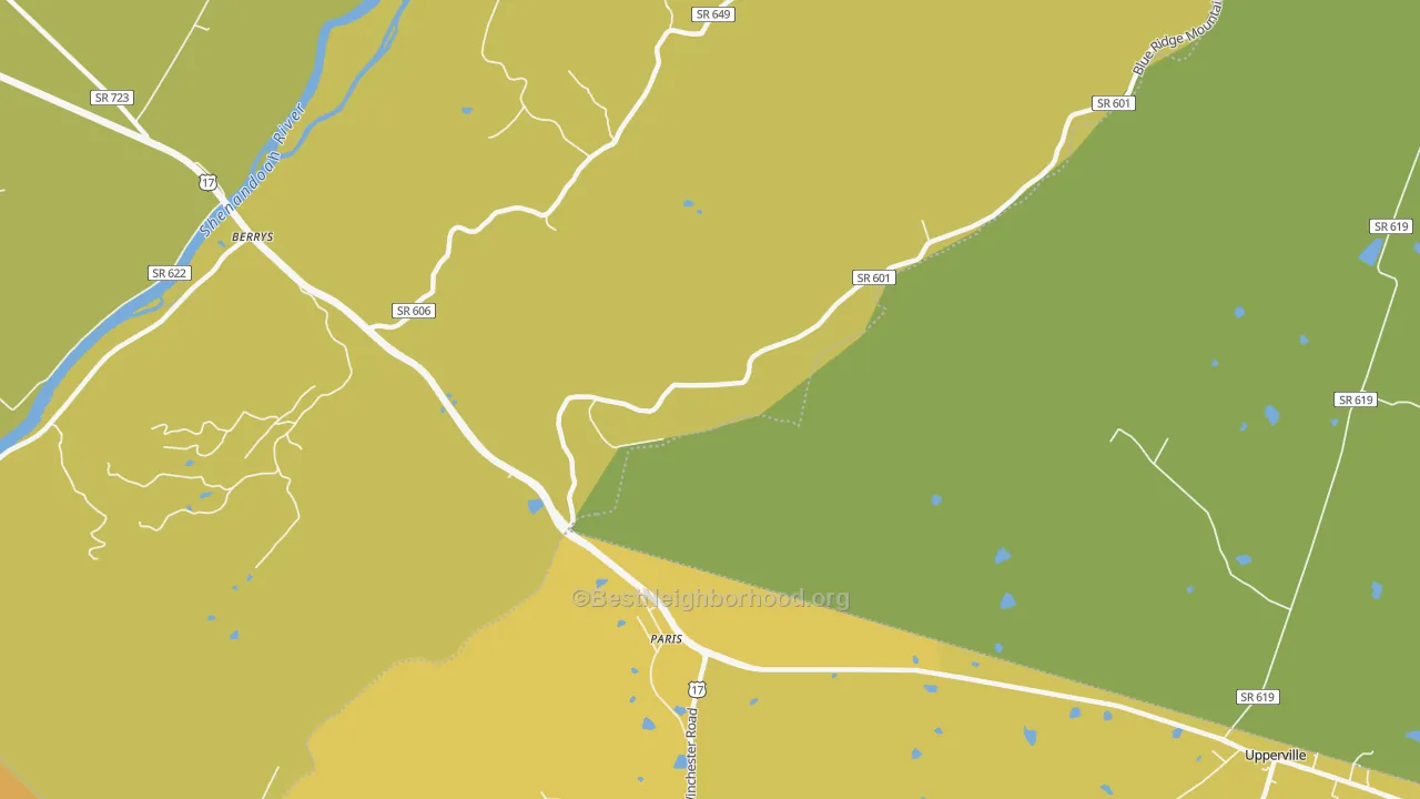 Map of the best neighborhoods in the 20130 area, with better matches in green and worse matches in red