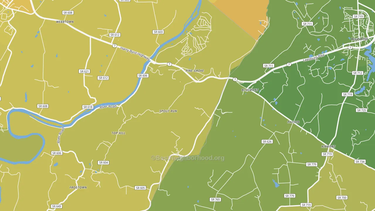 Map of the best neighborhoods in the 20135 area, with better matches in green and worse matches in red
