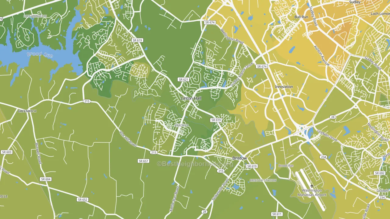 Map of the best neighborhoods in the 20136 area, with better matches in green and worse matches in red