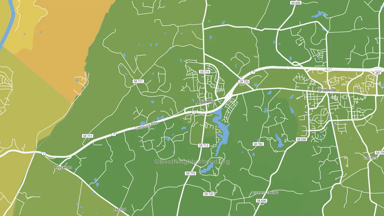Map of the best neighborhoods in the 20141 area, with better matches in green and worse matches in red