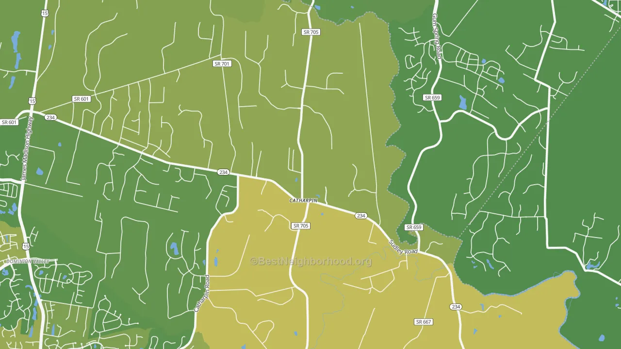 Map of the best neighborhoods in the 20143 area, with better matches in green and worse matches in red