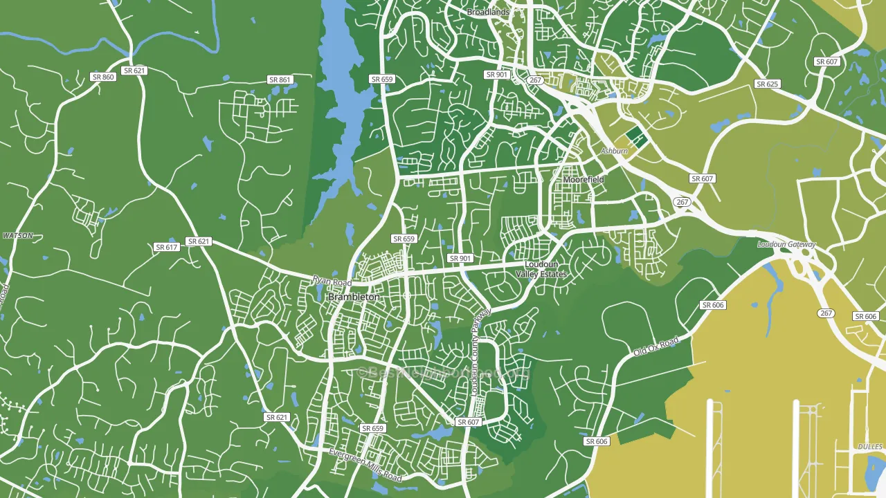 Map of the best neighborhoods in the 20148 area, with better matches in green and worse matches in red