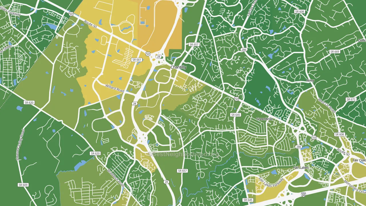 Map of the best neighborhoods in the 20151 area, with better matches in green and worse matches in red