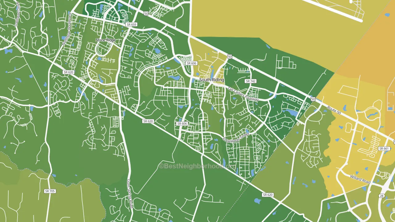 Map of the best neighborhoods in the 20152 area, with better matches in green and worse matches in red