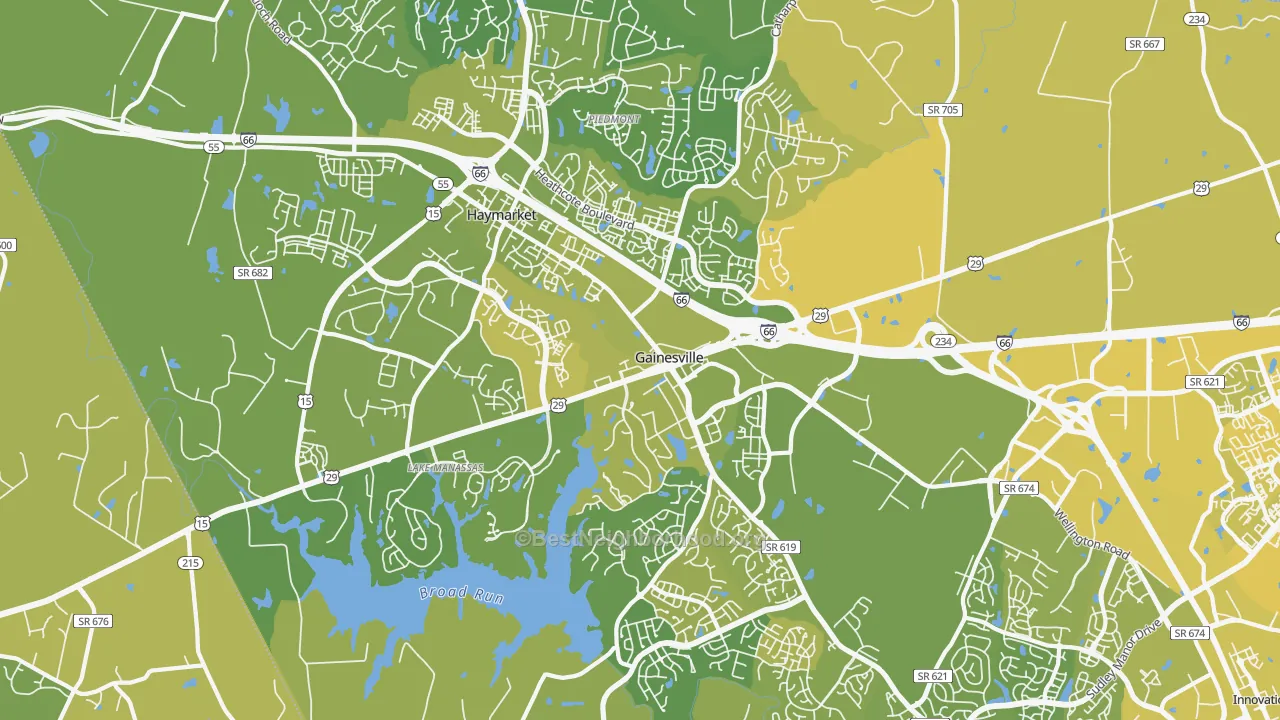 Map of the best neighborhoods in the 20155 area, with better matches in green and worse matches in red