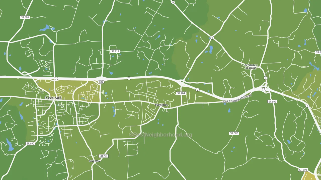 Map of the best neighborhoods in the 20158 area, with better matches in green and worse matches in red
