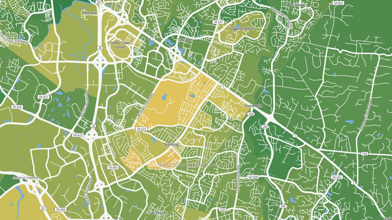 Map of the best neighborhoods in the 20164 area, with better matches in green and worse matches in red