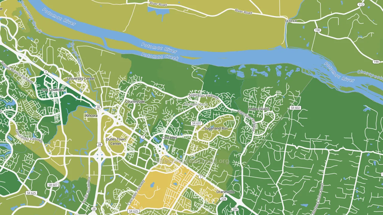 Map of the best neighborhoods in the 20165 area, with better matches in green and worse matches in red