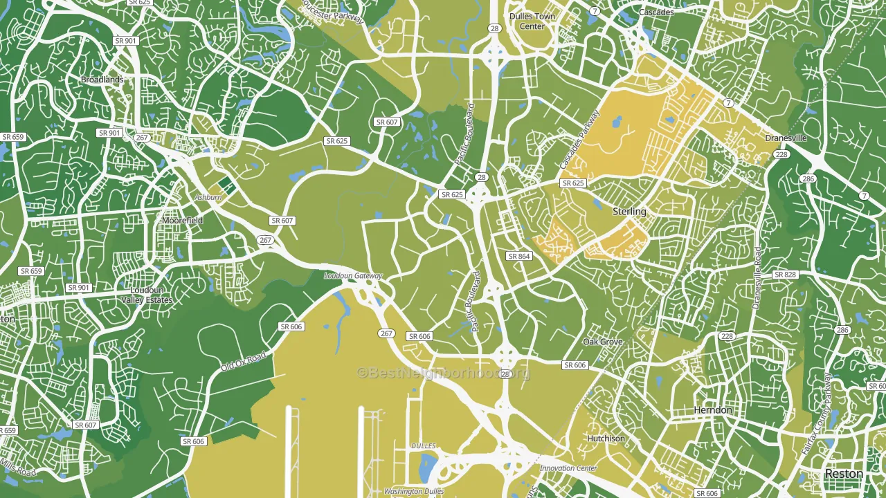 Map of the best neighborhoods in the 20166 area, with better matches in green and worse matches in red