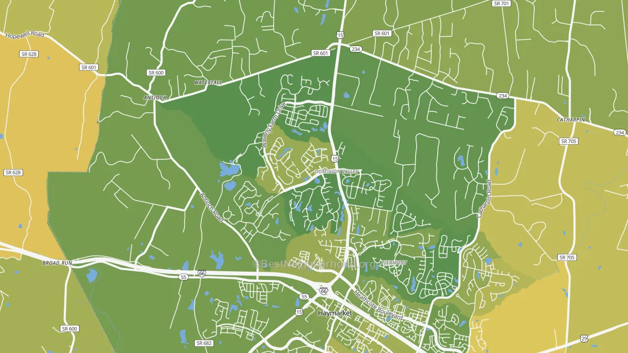 Map of the best neighborhoods in the 20169 area, with better matches in green and worse matches in red