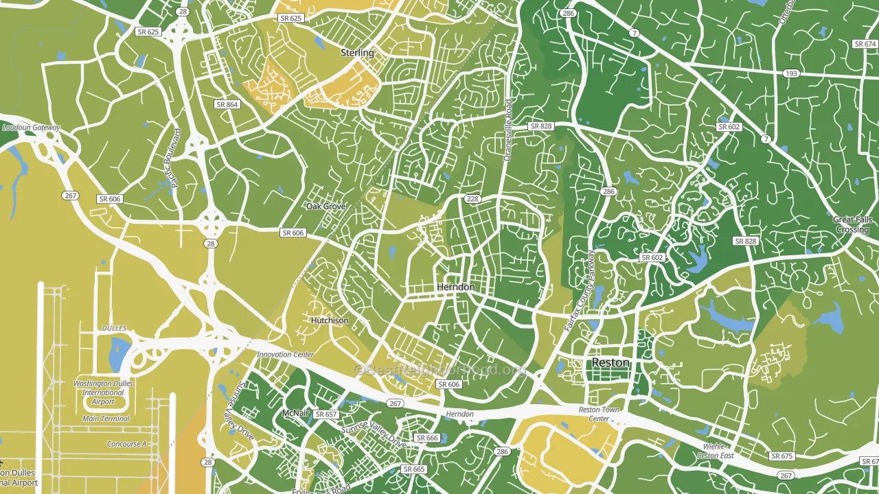 Map of the best neighborhoods in the 20170 area, with better matches in green and worse matches in red