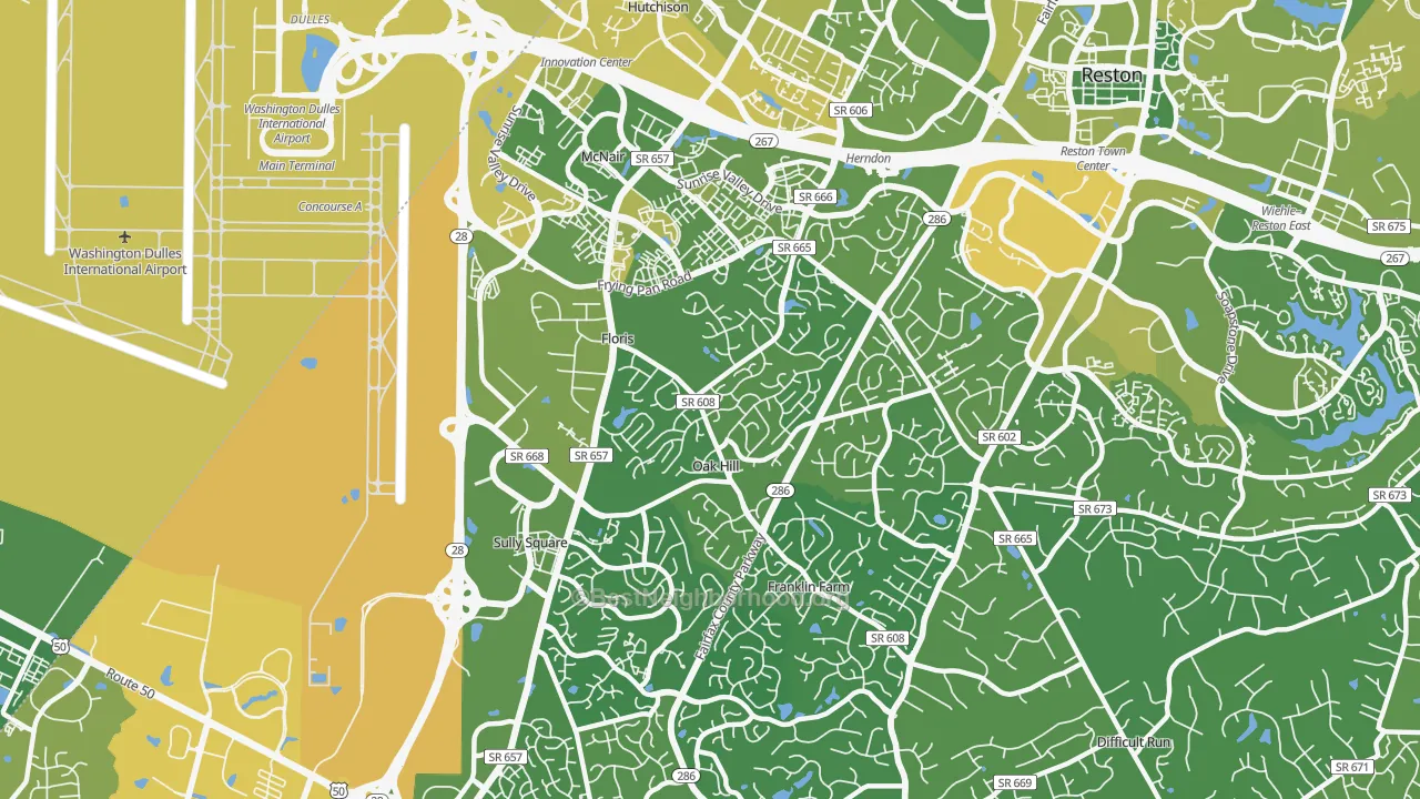 Map of the best neighborhoods in the 20171 area, with better matches in green and worse matches in red