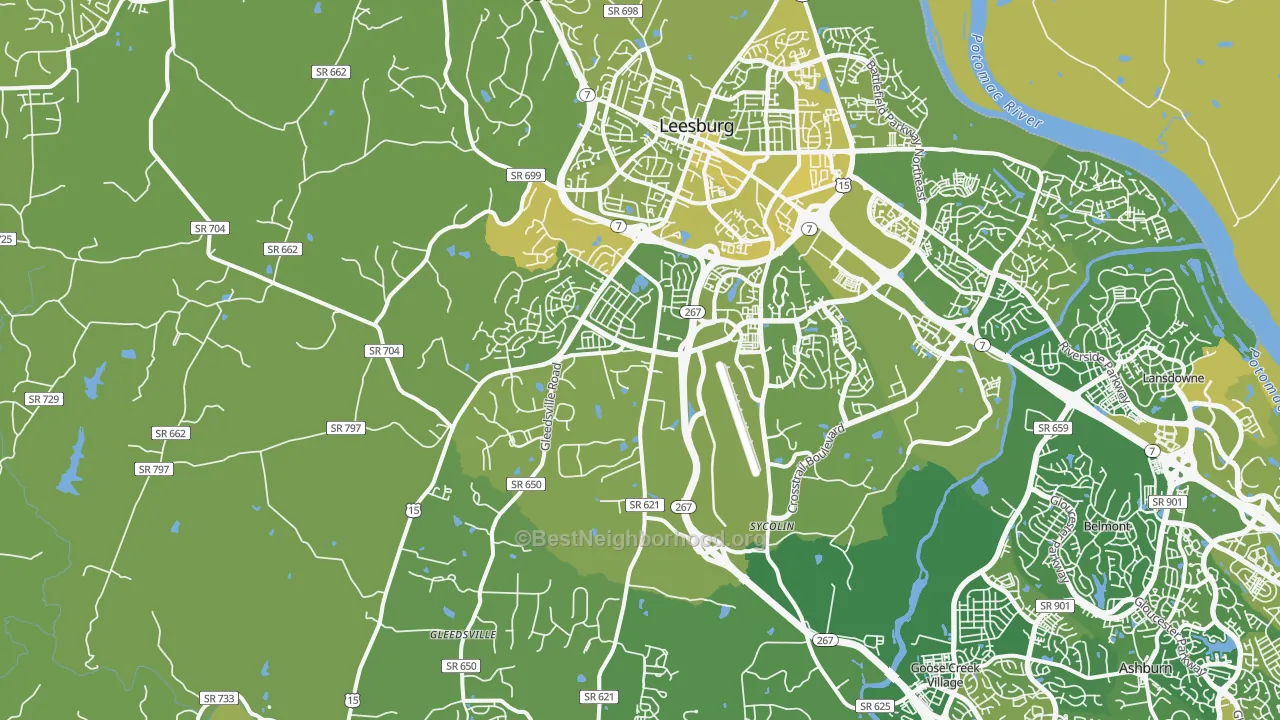 Map of the best neighborhoods in the 20175 area, with better matches in green and worse matches in red