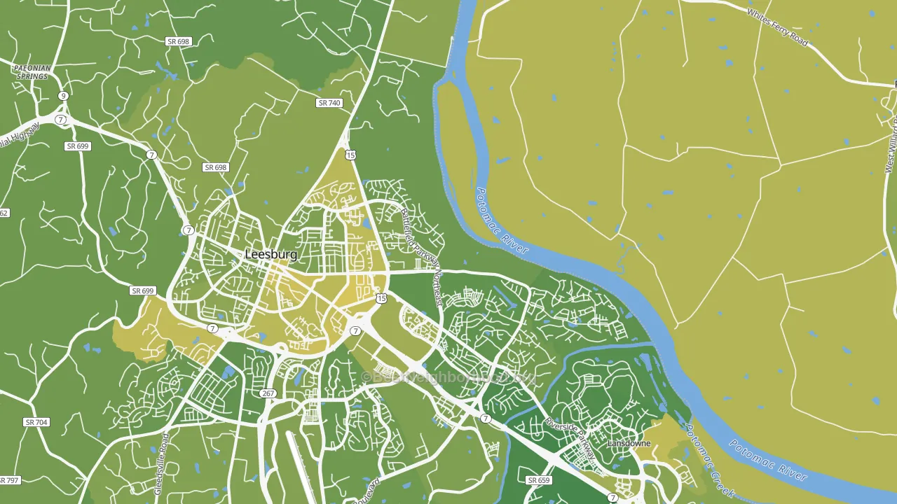 Map of the best neighborhoods in the 20176 area, with better matches in green and worse matches in red