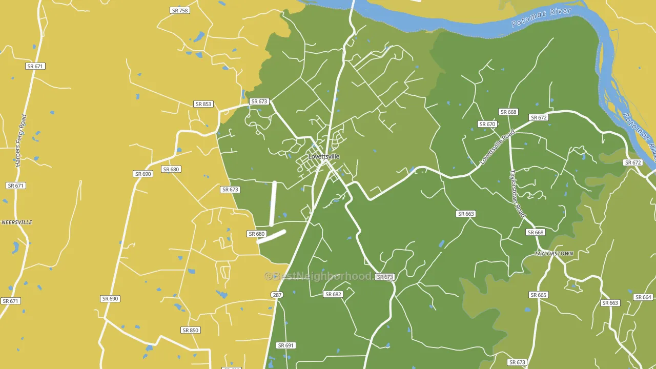 Map of the best neighborhoods in the 20180 area, with better matches in green and worse matches in red