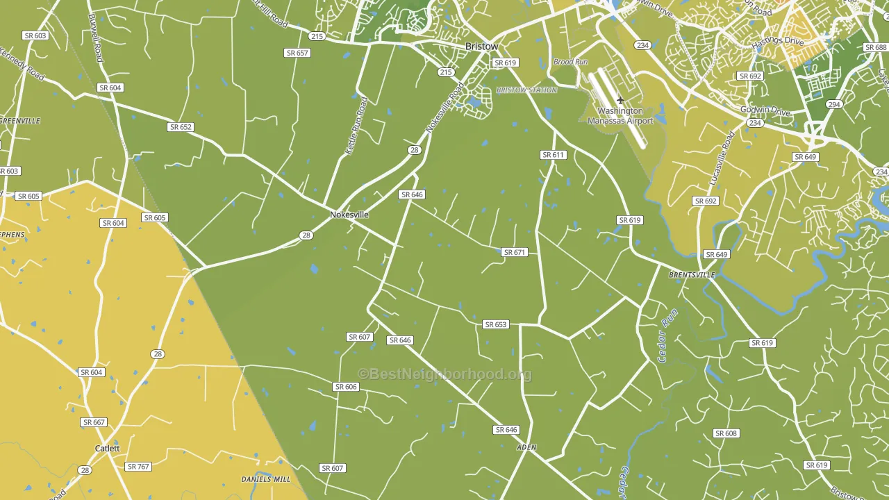 Map of the best neighborhoods in the 20181 area, with better matches in green and worse matches in red