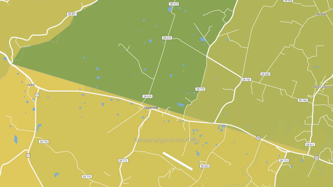Map of the best neighborhoods in the 20184 area, with better matches in green and worse matches in red
