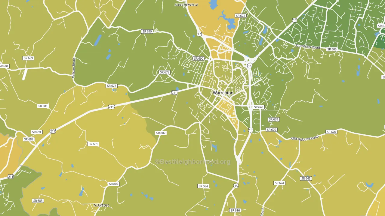Map of the best neighborhoods in the 20186 area, with better matches in green and worse matches in red