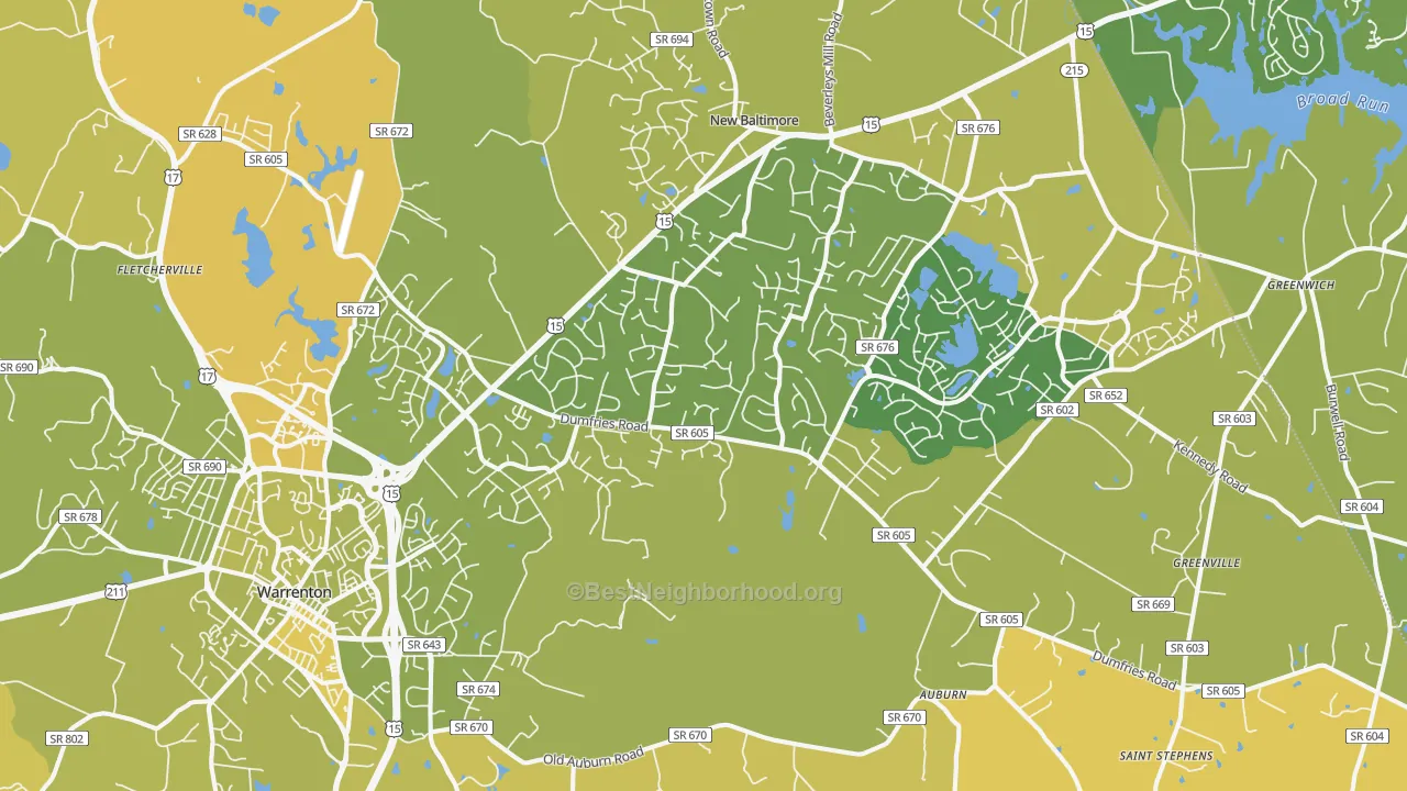 Map of the best neighborhoods in the 20187 area, with better matches in green and worse matches in red