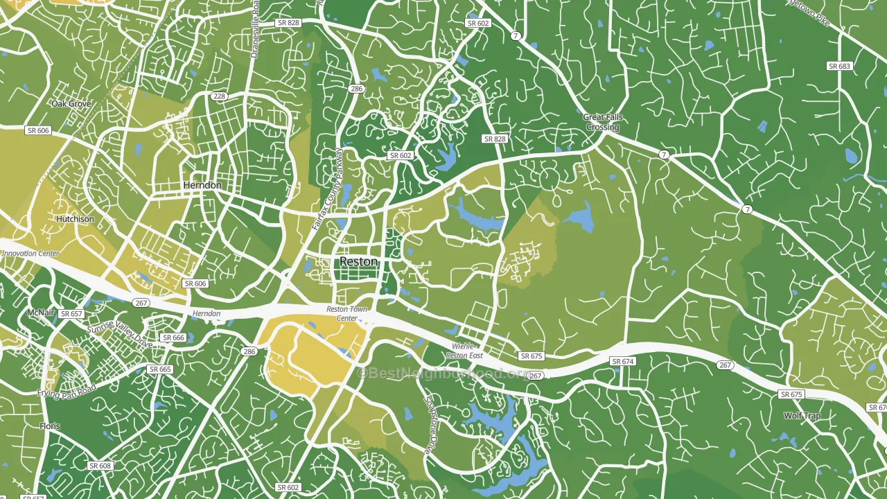 Map of the best neighborhoods in the 20190 area, with better matches in green and worse matches in red