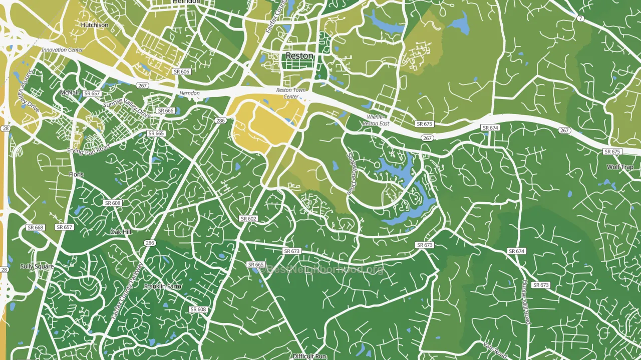 Map of the best neighborhoods in the 20191 area, with better matches in green and worse matches in red