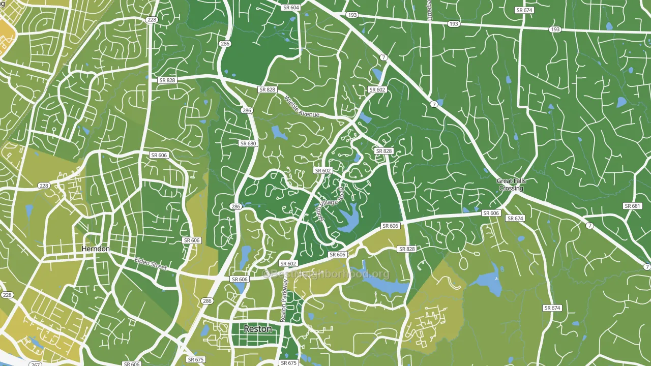 Map of the best neighborhoods in the 20194 area, with better matches in green and worse matches in red