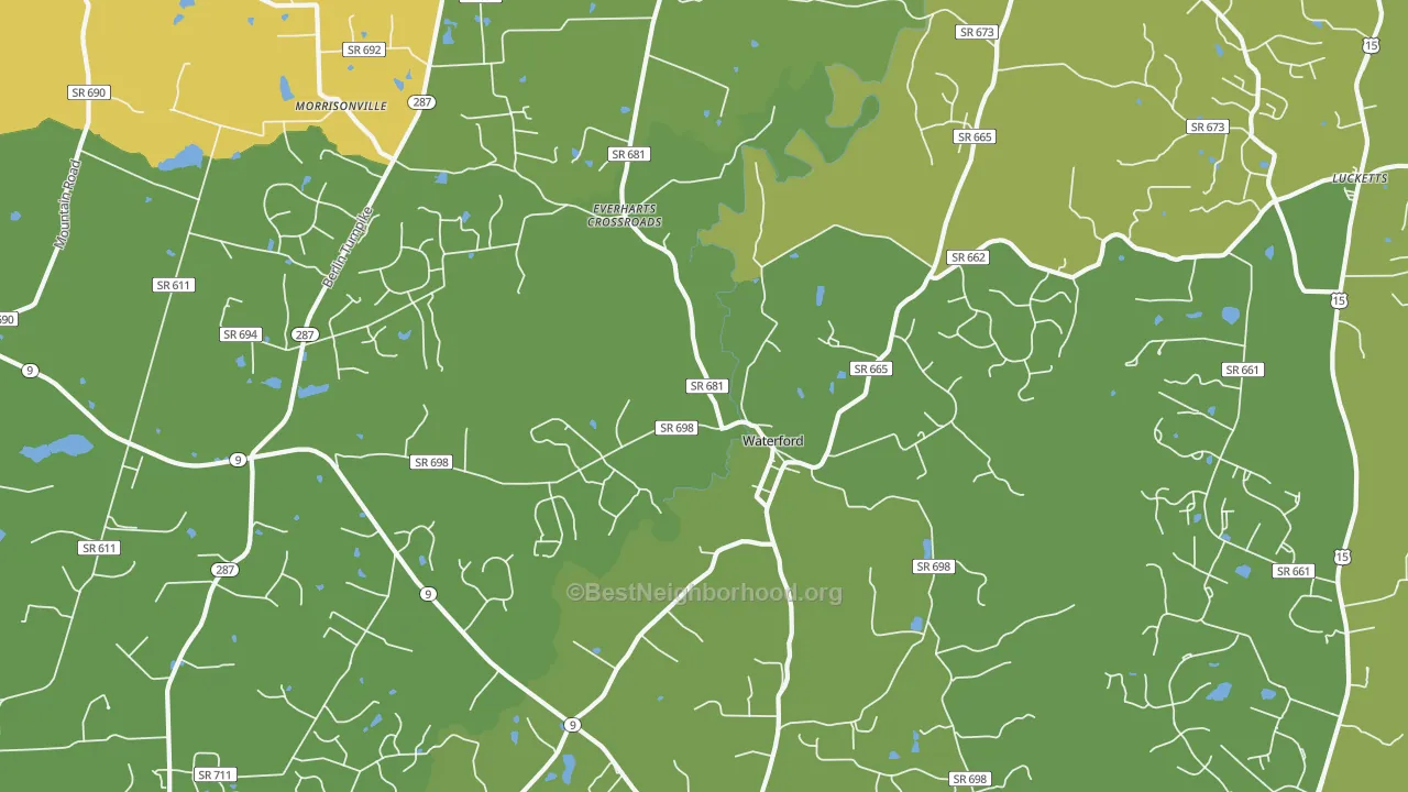 Map of the best neighborhoods in the 20197 area, with better matches in green and worse matches in red