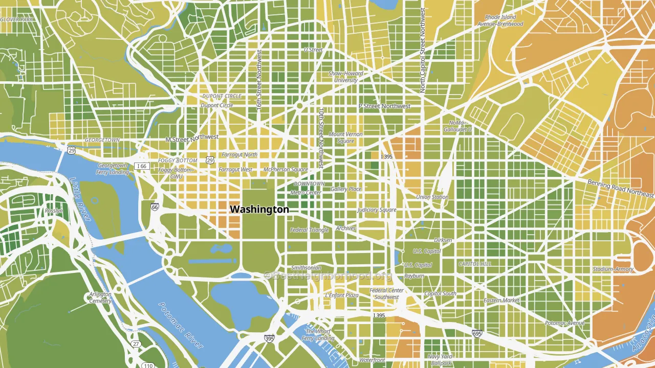 Map of the best neighborhoods in the 20223 area, with better matches in green and worse matches in red