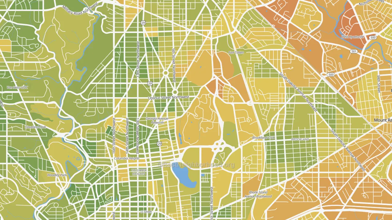 Map of the best neighborhoods in the 20317 area, with better matches in green and worse matches in red