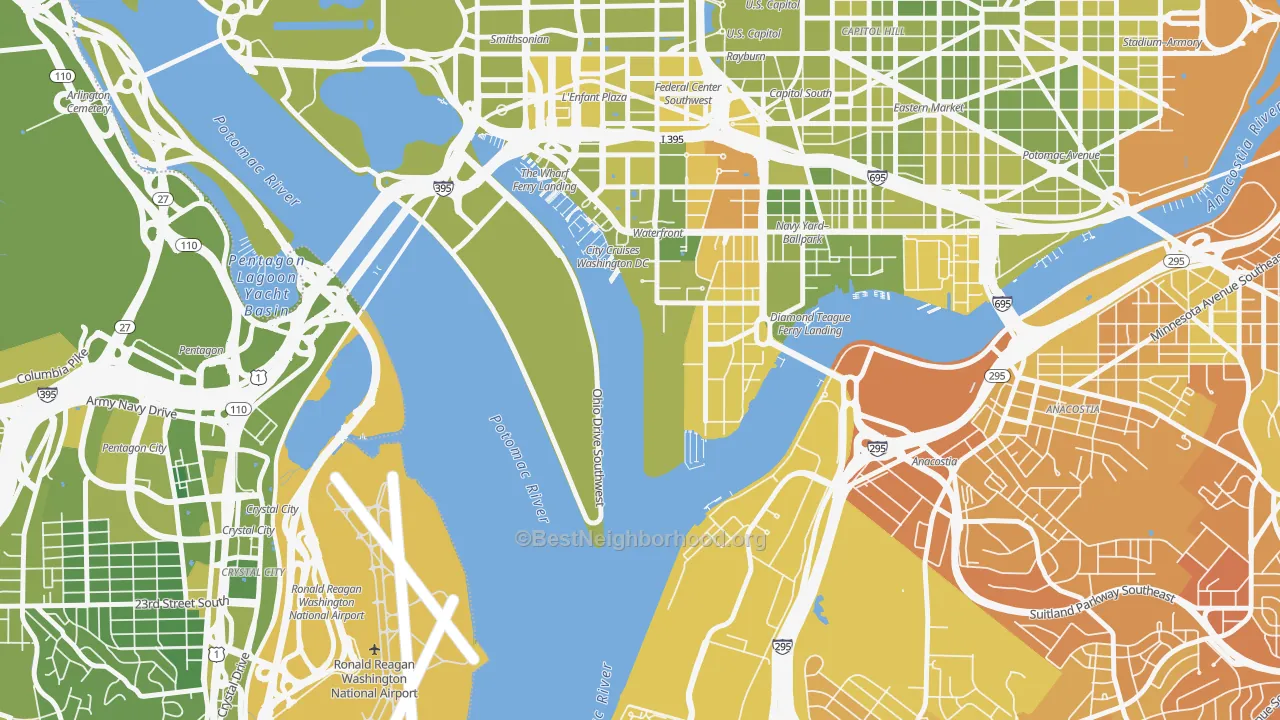 Map of the best neighborhoods in the 20319 area, with better matches in green and worse matches in red