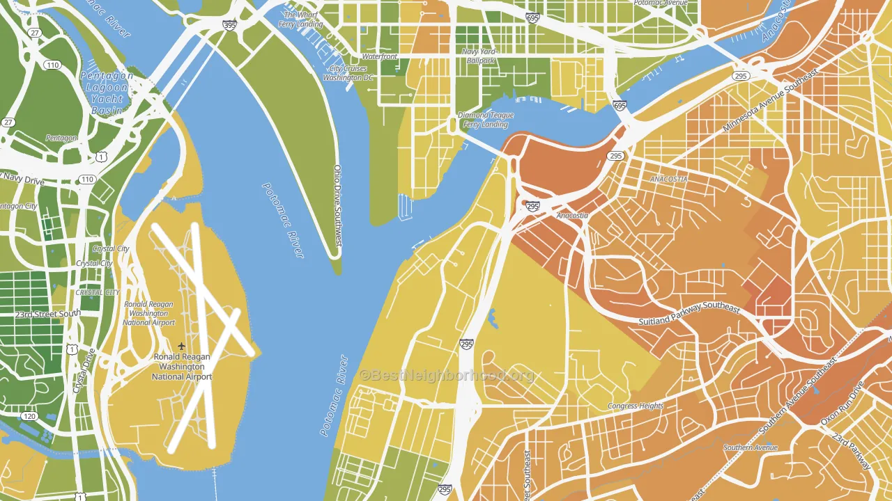 Map of the best neighborhoods in the 20373 area, with better matches in green and worse matches in red