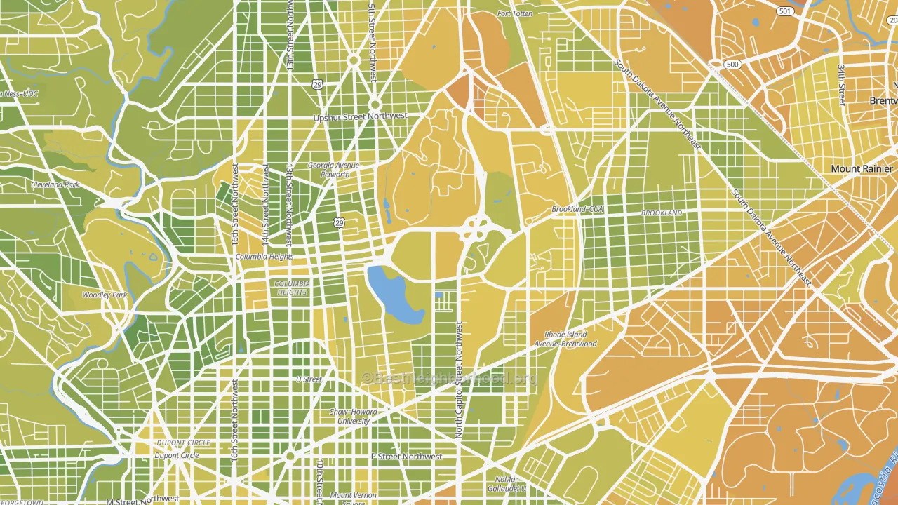 Map of the best neighborhoods in the 20422 area, with better matches in green and worse matches in red