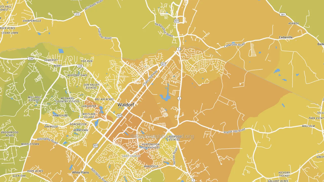 Map of the best neighborhoods in the 20601 area, with better matches in green and worse matches in red
