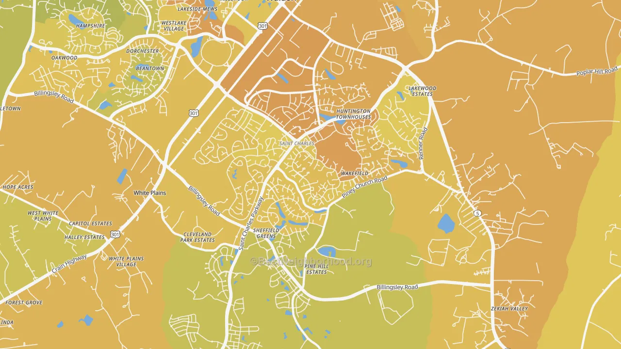 Map of the best neighborhoods in the 20602 area, with better matches in green and worse matches in red