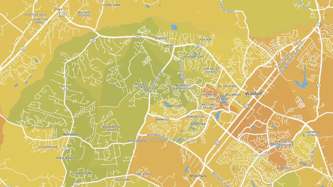 Map of the best neighborhoods in the 20603 area, with better matches in green and worse matches in red