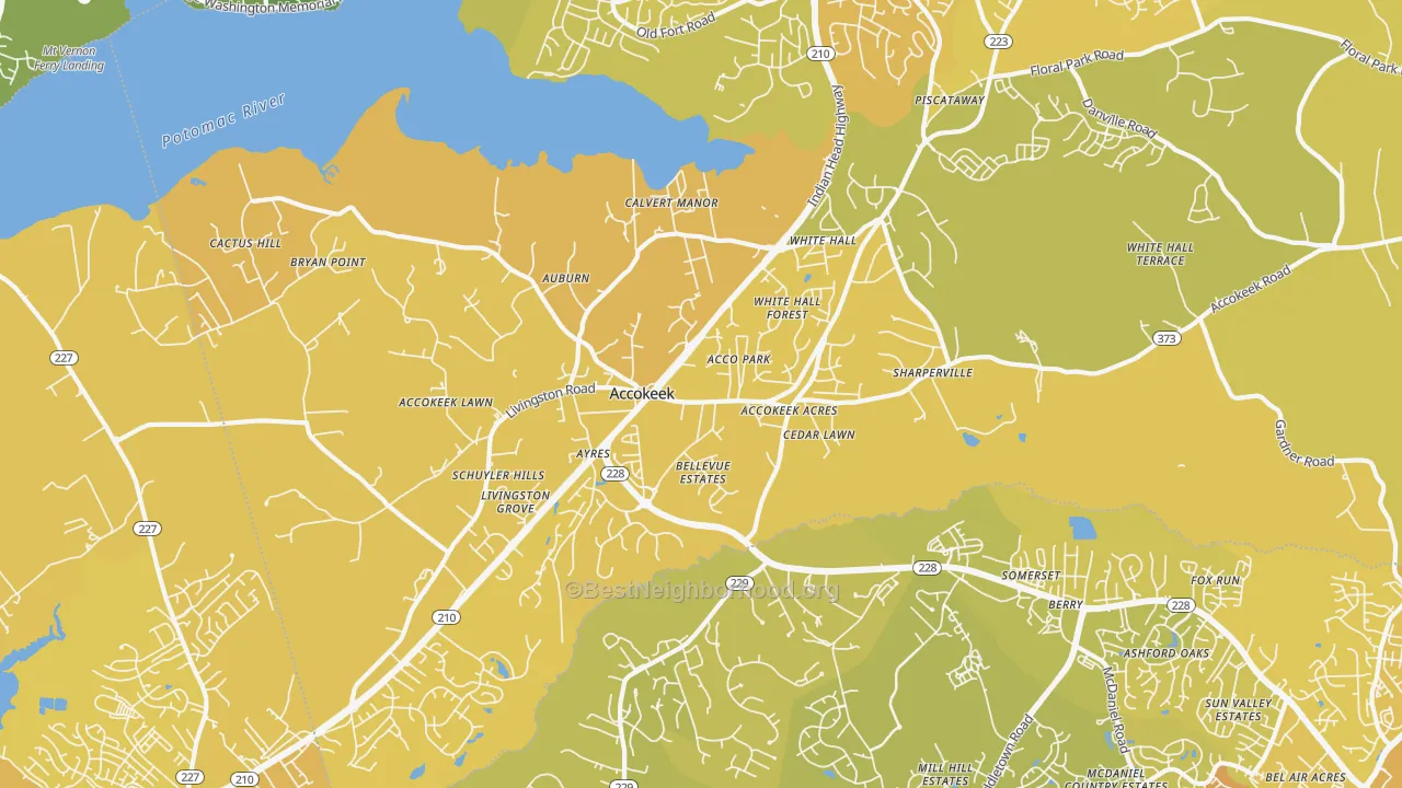 Map of the best neighborhoods in the 20607 area, with better matches in green and worse matches in red